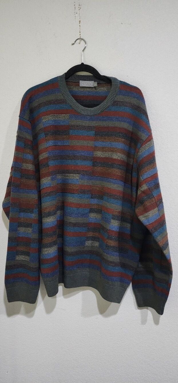 TALBOTS Men's Multi Color Striped 100% Wool Dad Grandpa Crew-neck Sweater, XXL